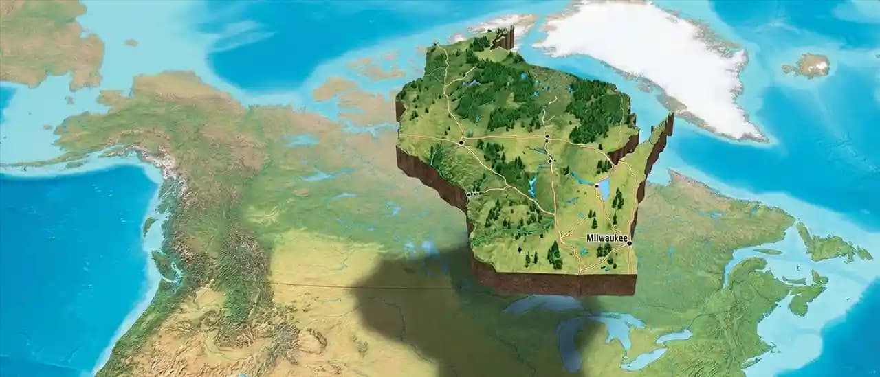 Map of North America with Wisconsin popping out. Milwaukee is labeled on the map.