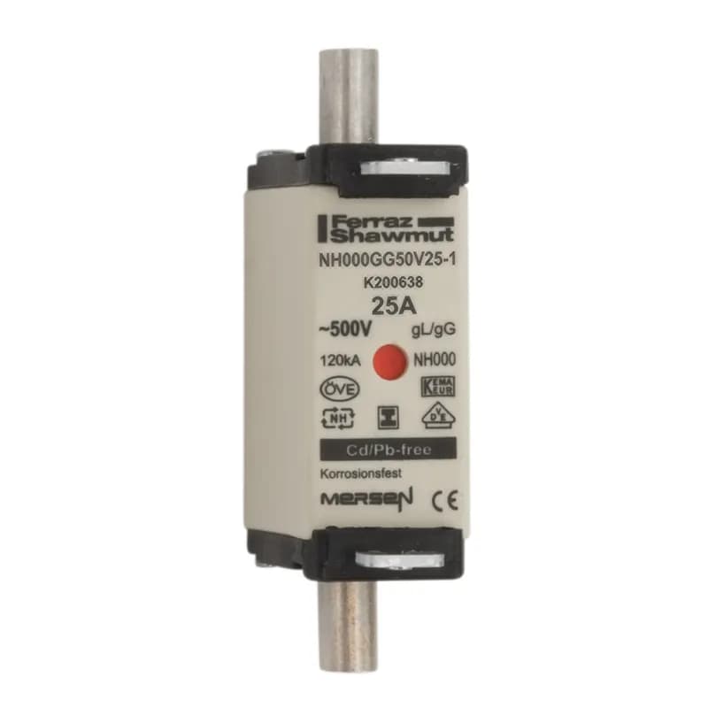 DIN NH Standard fuse-link gG Size NH000 500VAC 250VDC 25A isolated tags Double indicator Body width 21mm