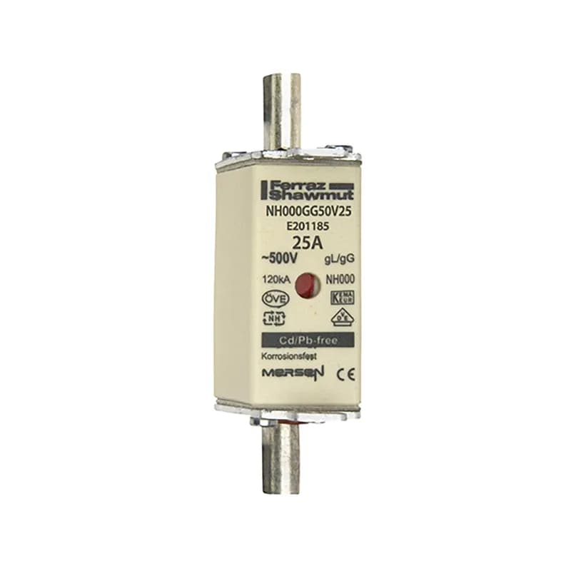 DIN NH Standard fuse-link gG Size NH000 500VAC 250VDC 25A live tags Double indicator Body width 21mm