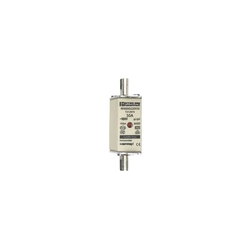 DIN NH Standard fuse-link gG Size NH000 500VAC 250VDC 50A live tags Double indicator Body width 21mm