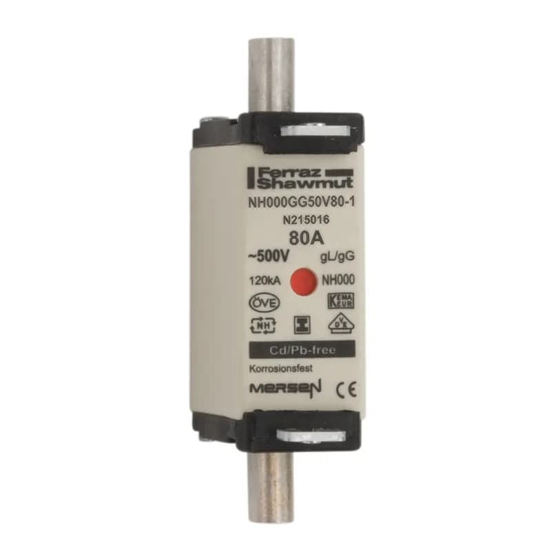 DIN NH Standard fuse-link gG Size NH000 500VAC 250VDC 80A isolated tags Double indicator Body width 21mm