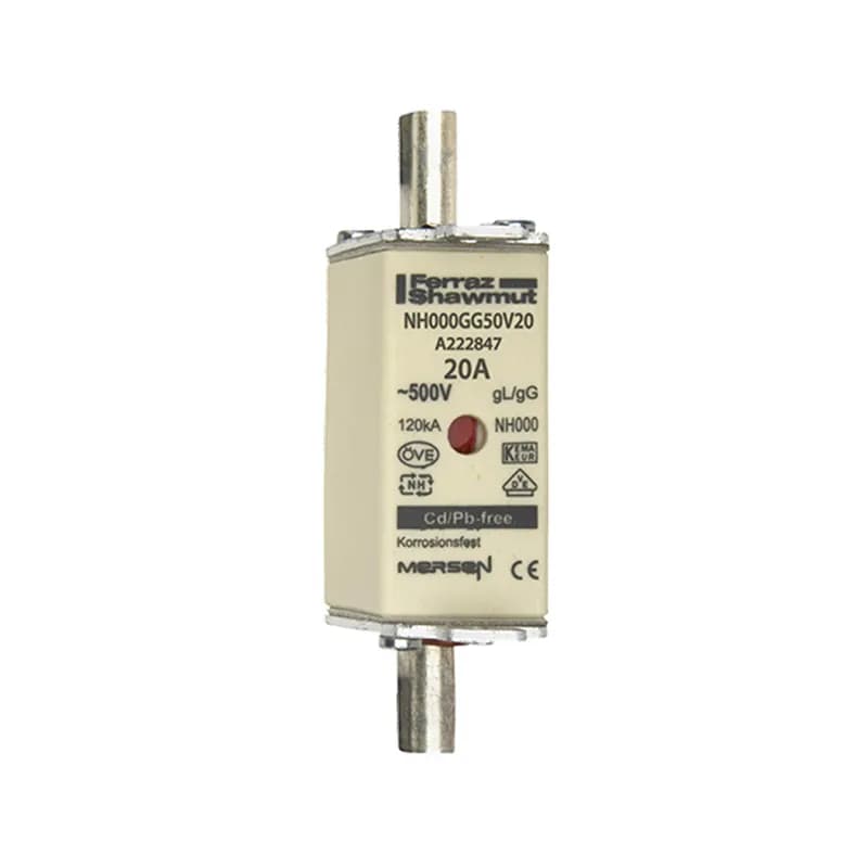 DIN NH Standard fuse-link gG Size NH000 500VAC 250VDC 20A live tags Double indicator Body width 21mm