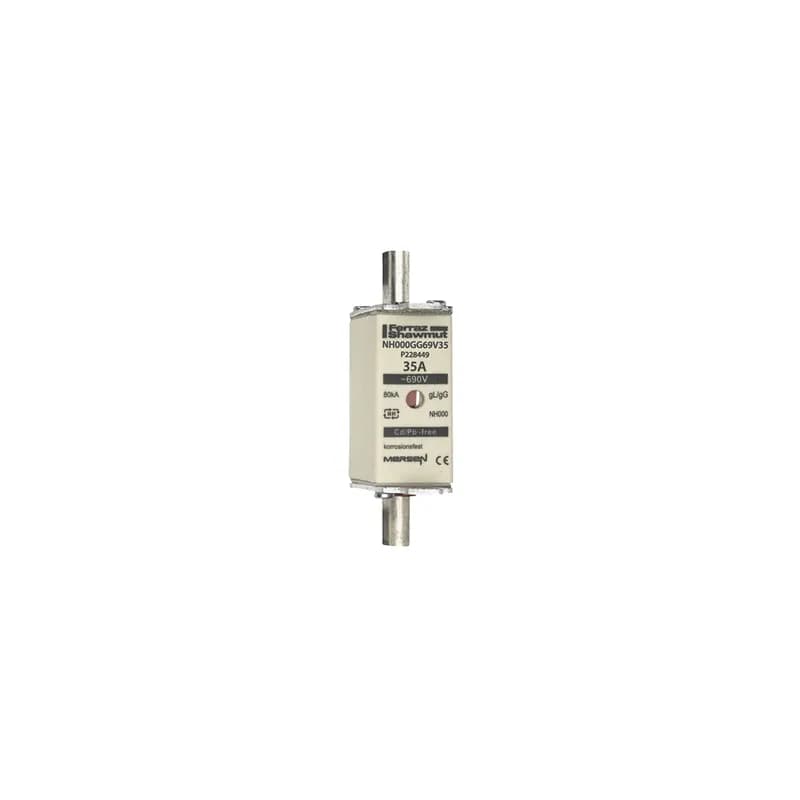 DIN NH Standard fuse-link gG Size NH000 690VAC 250VDC 35A live tags Double indicator Body width 21mm