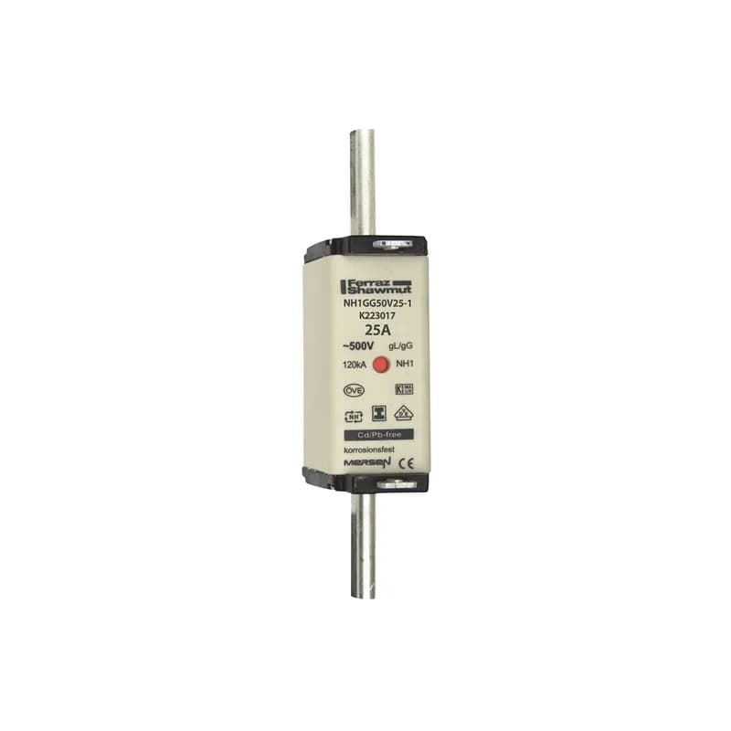 DIN NH Standard fuse-link gG Size NH1 500VAC 250VDC 25A isolated tags Double indicator Body width 30 mm