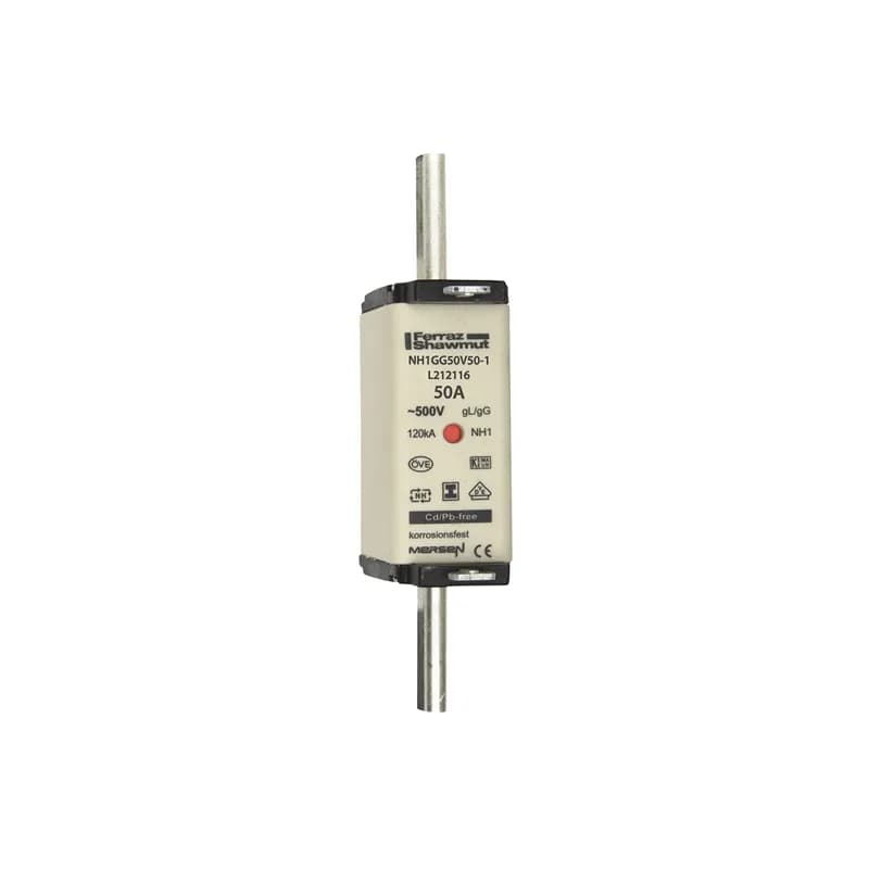 Mersen L212116 - DIN NH Standard fuse-link gG Size NH1 500VAC 250VDC 50A isolated tags Double indicator Body width 30 mm