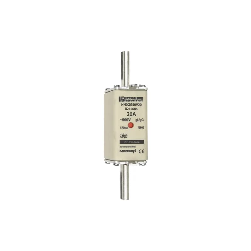 DIN NH Standard fuse-link gG Size NH0 500VAC 250VDC 20A live tags Double indicator Body width 30 mm