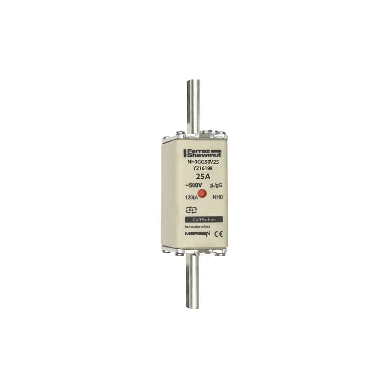 DIN NH Standard fuse-link gG Size NH0 500VAC 250VDC 25A live tags Double indicator Body width 30 mm