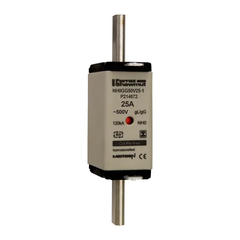 Mersen P214672 - DIN NH Standard fuse-link gG Size NH0 500VAC 250VDC 25A isolated tags Double indicator Body width 30 mm
