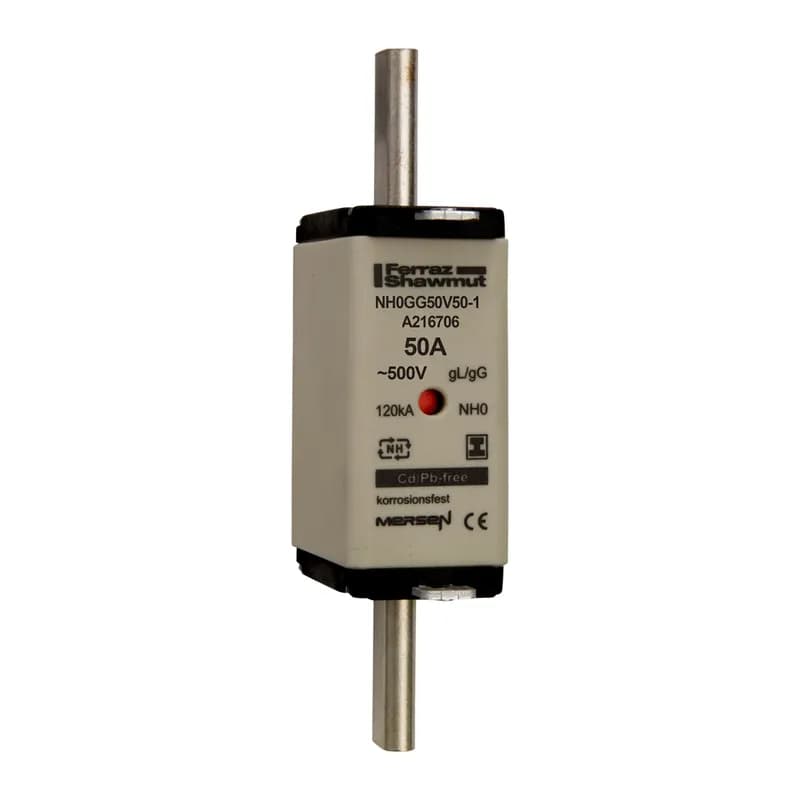 DIN NH Standard fuse-link gG Size NH0 500VAC 250VDC 50A isolated tags Double indicator Body width 30 mm