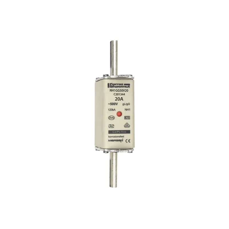 DIN NH Standard fuse-link gG Size NH1 500VAC 250VDC 20A live tags Double indicator Body width 30 mm