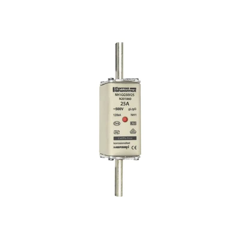 DIN NH Standard fuse-link gG Size NH1 500VAC 250VDC 25A live tags Double indicator Body width 30 mm