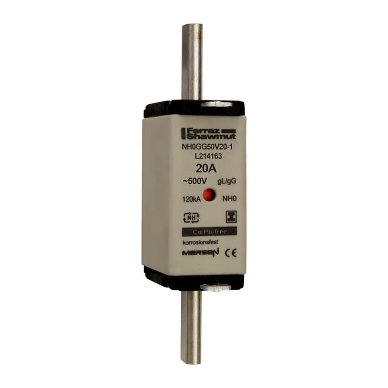 DIN NH Standard fuse-link gG Size NH0 500VAC 250VDC 20A isolated tags Double indicator Body width 30 mm