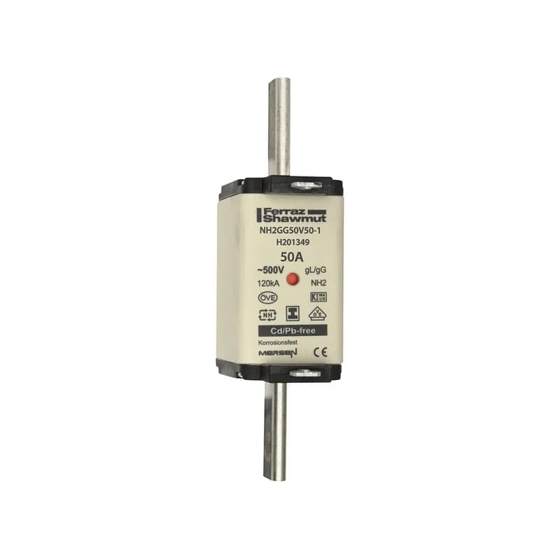 DIN NH Standard fuse-link gG Size NH2 500VAC 250VDC 50A isolated tags Double indicator Body width 40 mm