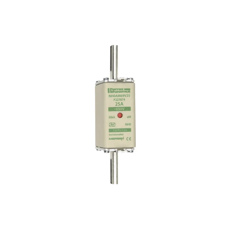DIN NH Standard fuse-link aM Size NH0 690VAC 25A live tags Double indicator Body width 30 mm