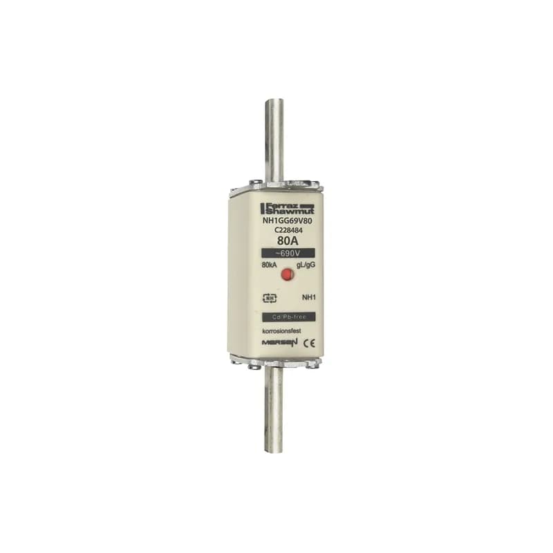 DIN NH Standard fuse-link gG Size NH1 690VAC 400VDC 80A live tags Double indicator Body width 30 mm
