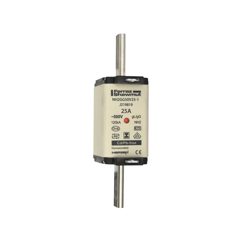 DIN NH Standard fuse-link gG Size NH2 500VAC 250VDC 25A isolated tags Double indicator Body width 40 mm