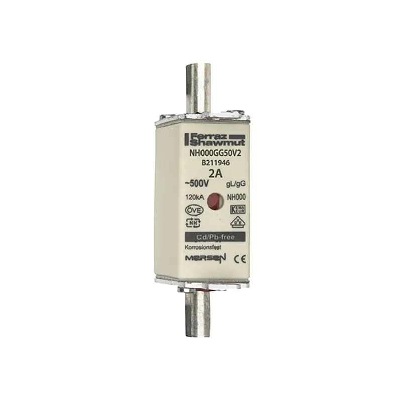 DIN NH Standard fuse-link gG Size NH000 500VAC 250VDC 2A live tags Double indicator Body width 21mm