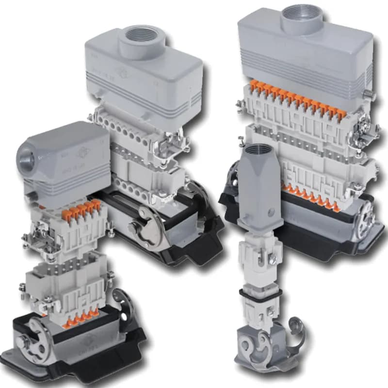Multipole Rectangular Connector Kit, 24-pole tool-less spring terminal inserts, Squich Spring, Size 104.27, 4 pegs, Double latch, Side M40 cable entry, High Construction, Metal enclosure