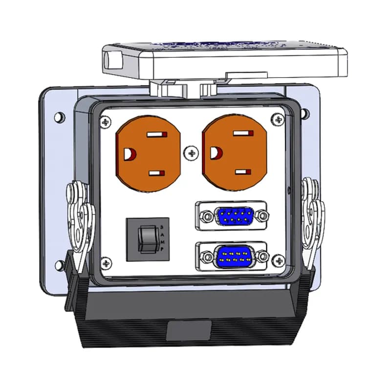 Panel Interface Connector with Duplex outlet, DB9, and DB9M, and a 3amp reset, in a 32 housing