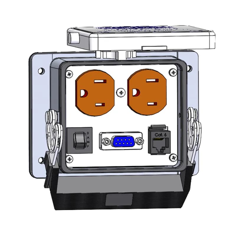 Panel Interface Connector with Duplex outlet, 9 pin D-Sub Female to Female, RJ45, and a 3amp reset, in a 32 housing