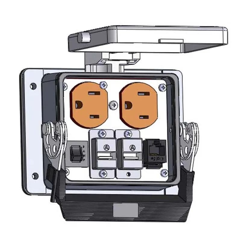 Panel Interface Connector with Duplex outlet, RJ45, (2) USB-AFBF, and a 3amp reset, in a 32 housing