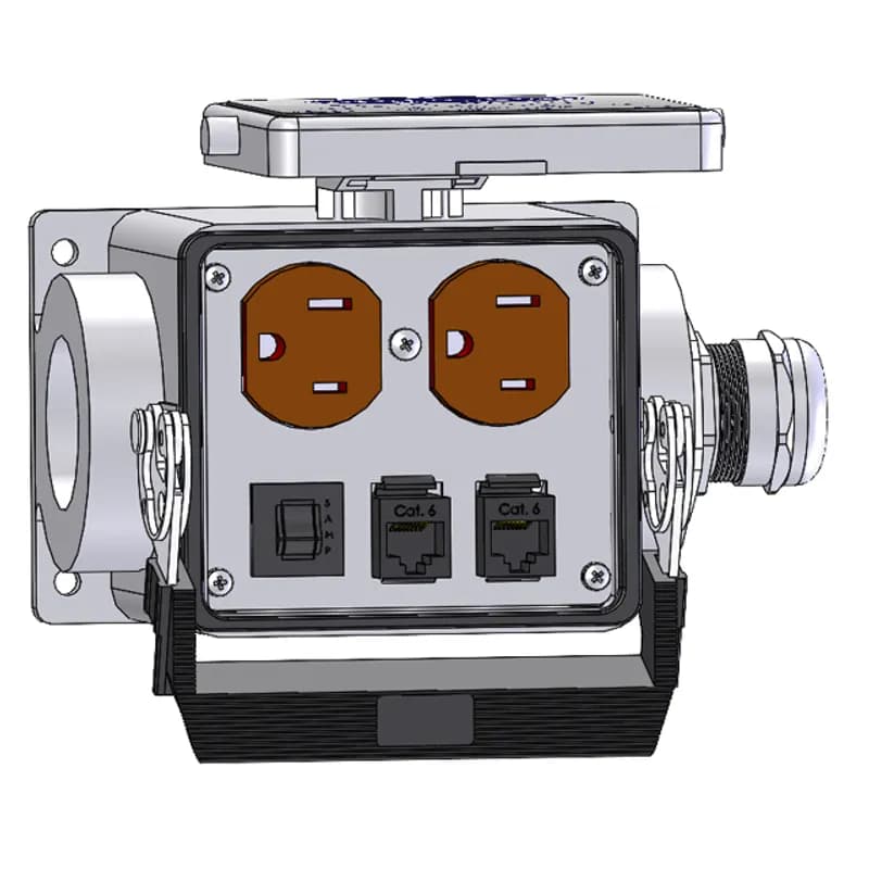 Panel Interface Connector with Duplex outlet, 2 x RJ45, with a 5amp reset, in a 32 surface mount housing
