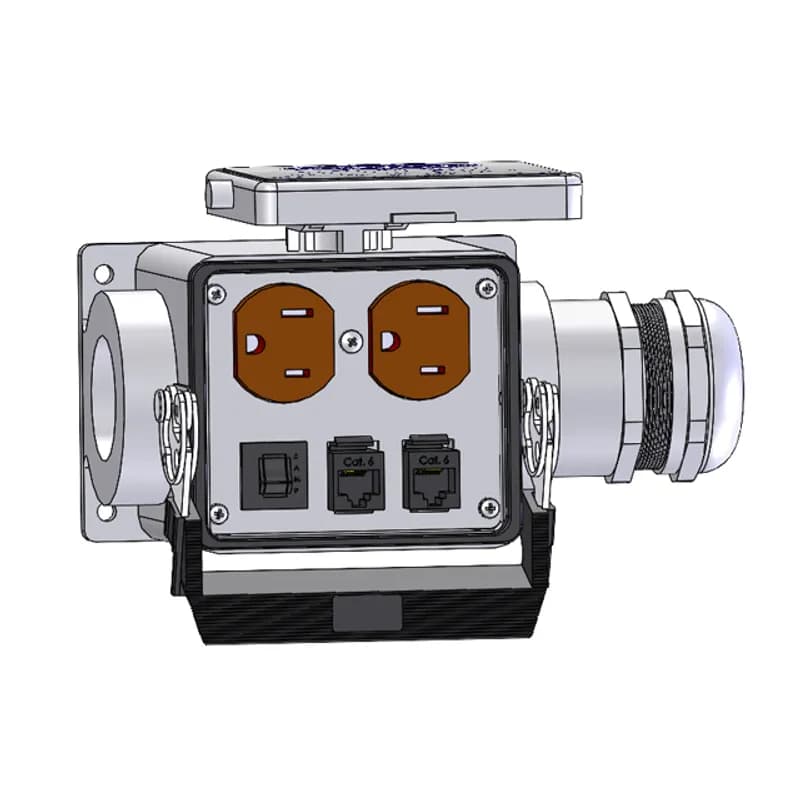 Panel Interface Connector with Duplex outlet, 2 x RJ45, and a 3 amp reset, in a 32 surface mount housing