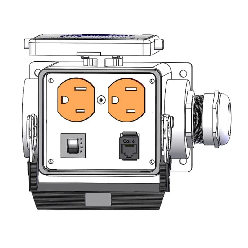 Panel Interface Connector with Duplex outlet, RJ45, and a 5amp reset, in a 32 surface mount housing