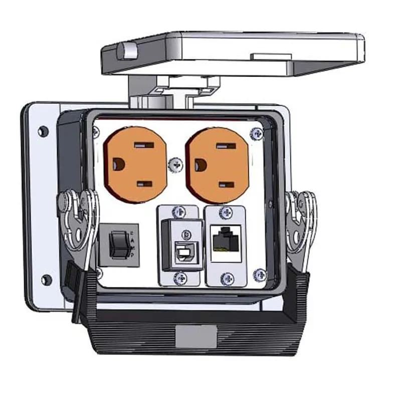 Panel Interface Connector with Duplex outlet, shielded RJ45, USB-BFAF, and a 3amp reset, in a 32 housing