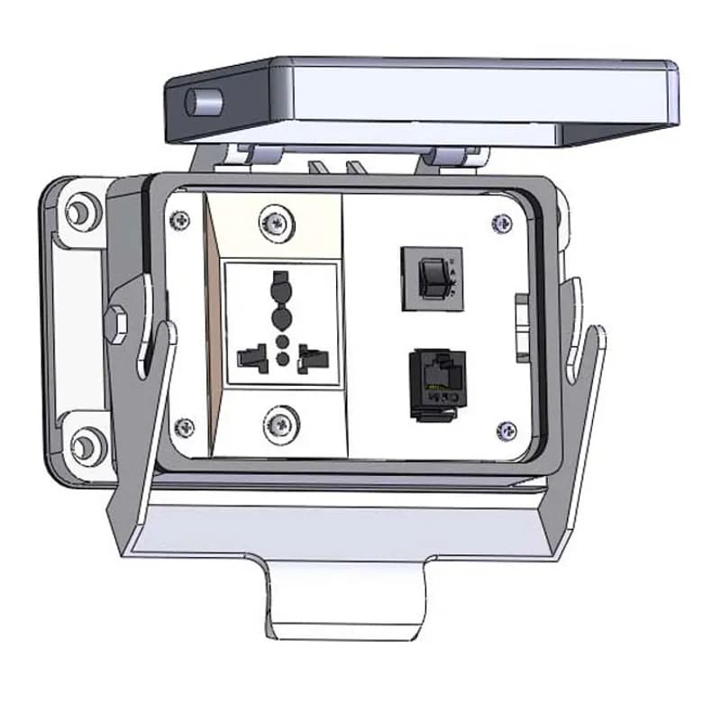 Panel Interface Connector with Universal International outlet, RJ45, and a 3amp reset, in a 48 housing