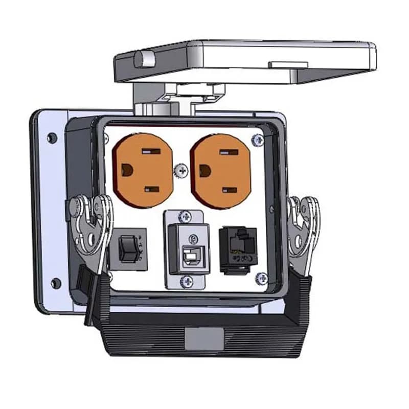 Mencom Corporation DP-RJ45-USB-BFAF-R-32 - Panel Interface Connector with Duplex outlet, RJ45, USB-BFAF, and a 3amp reset, in a 32 housing
