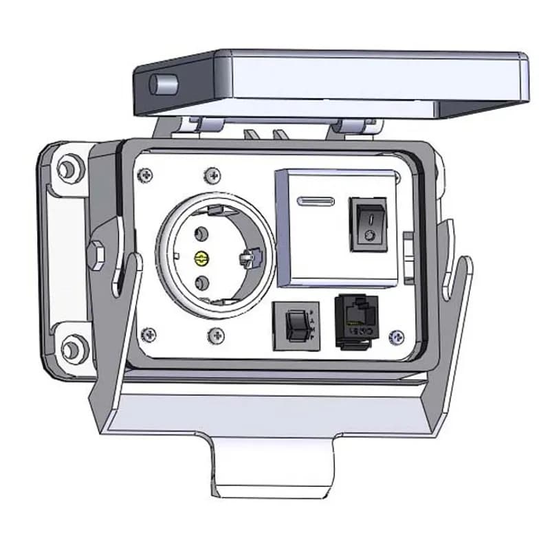 Mencom Corporation EPGF-RJ45-R-48 - Panel Interface Connector with Continental European GFCI outlet, RJ45, and a 3amp reset, in a 48 housing
