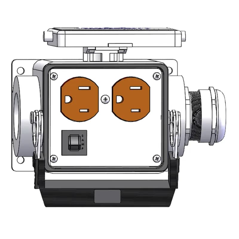 Mencom Corporation DP-R-P32 - Panel Interface Connector with Duplex outlet, and 3amp reset, in a 32 surface mount housing