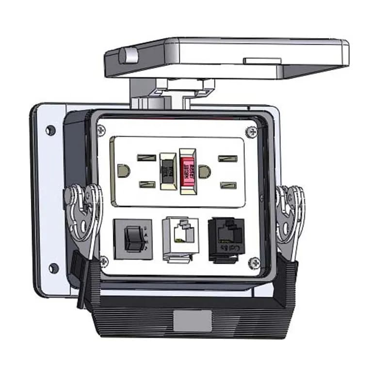 Mencom Corporation GF-RJ11-RJ45-R-32 - Panel Interface Connector with GFCI Duplex outlet, RJ11, RJ45, and a 3amp reset, in a 32 housing