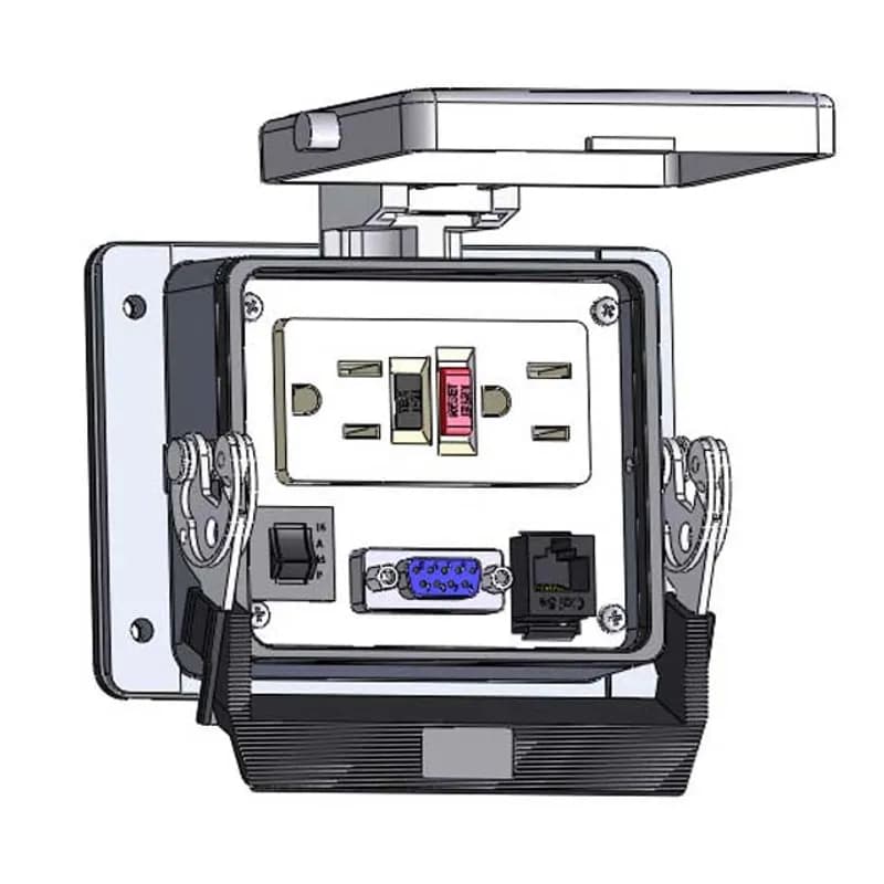 Panel Interface Connector with GFCI Duplex outlet, DB9, RJ45, and a 15amp reset, in a 32 housing