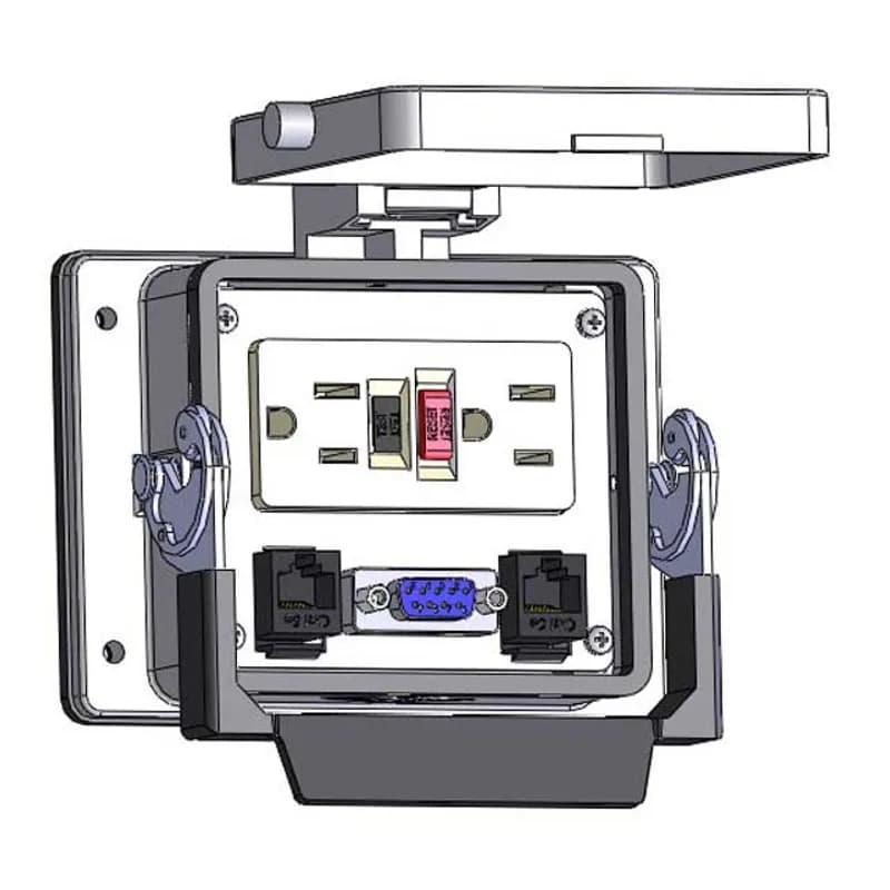 Mencom Corporation GF-DB9-2RJ45-32 - Panel Interface Connector with GFCI Duplex outlet, DB9, (2) RJ45, in a 32 housing
