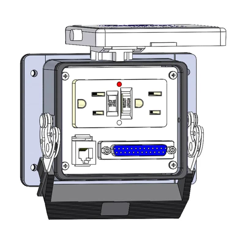 Mencom Corporation GF-DB25-RJ11-32 - Panel Interface Connector with GFCI Duplex outlet, 25 pin D-sub, RJ11, in a 32 housing