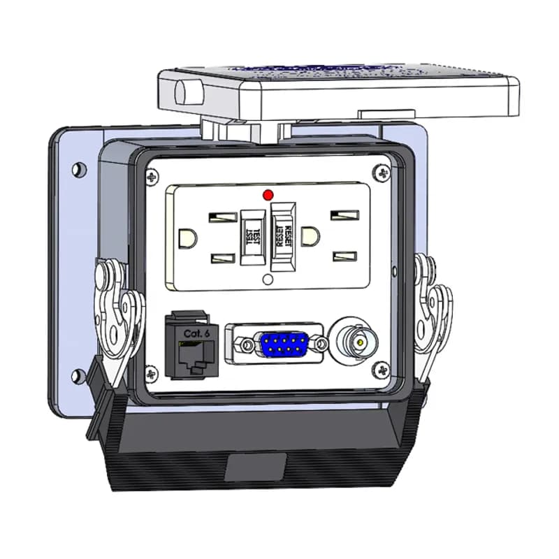 Mencom Corporation GF-DB9-RJ45-BNC-32 - Panel Interface Connector with GFCI outlet, 9 pin D-sub, RJ45, BNC, in a 32 housing