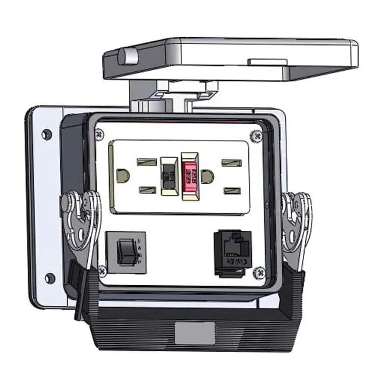 Mencom Corporation GF-RJ45-5R-32-TM - Panel Interface Connector with GFCI Duplex outlet, RJ45, and a 5amp reset, in a 32 housing, No faceplate on housing