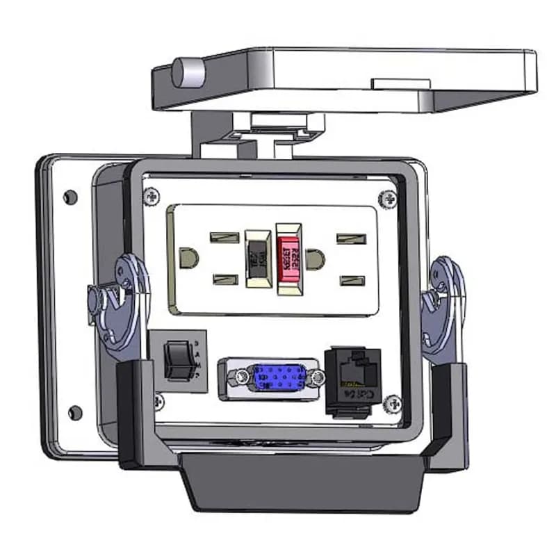 Panel Interface Connector with GFCI Duplex outlet, DDB15, RJ45, and a 3amp reset, in a 32 housing