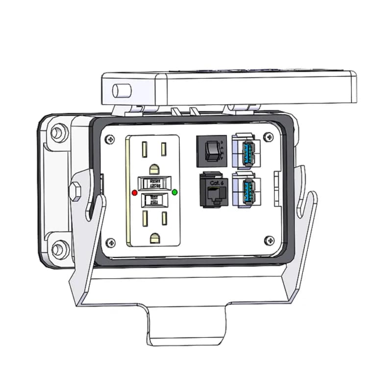 Panel Interface Connector with GFCI Duplex outlet, RJ45, (2) form A USB to form A USB, and a 3amp reset, in a 48 housing