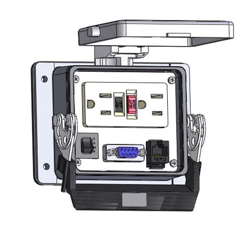 Panel Interface Connector with GFCI Duplex outlet, DB9, RJ45, and a 3amp reset, in a 32 housing