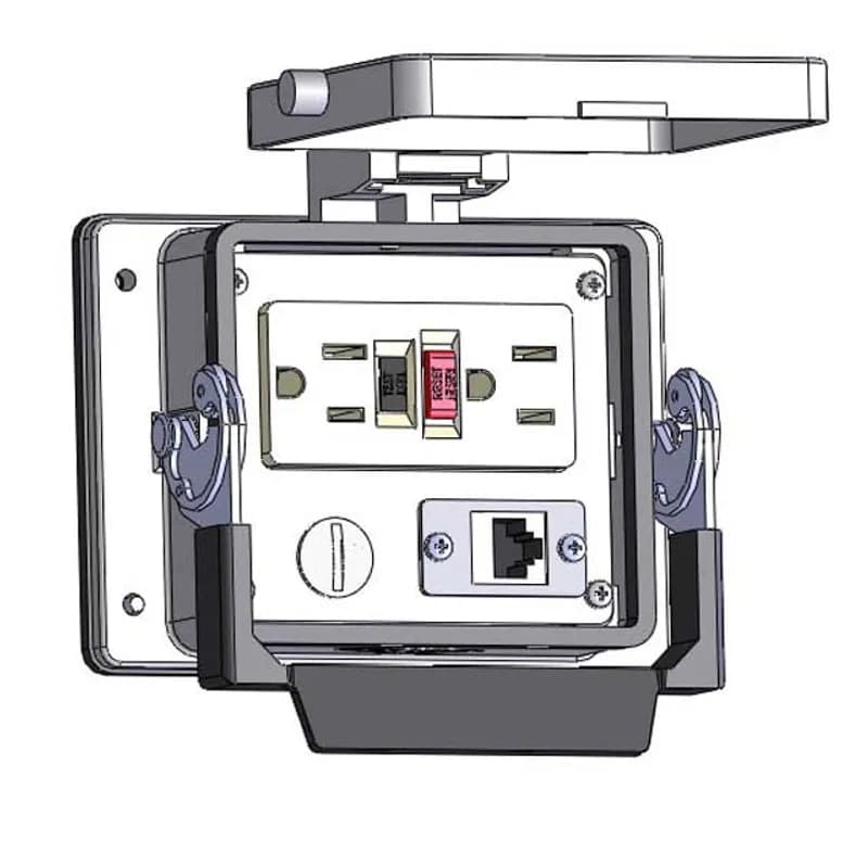 Mencom Corporation GF-RJ45S-NR-32 - Panel Interface Connector with GFCI Duplex outlet, shielded RJ45, in a 32 housing