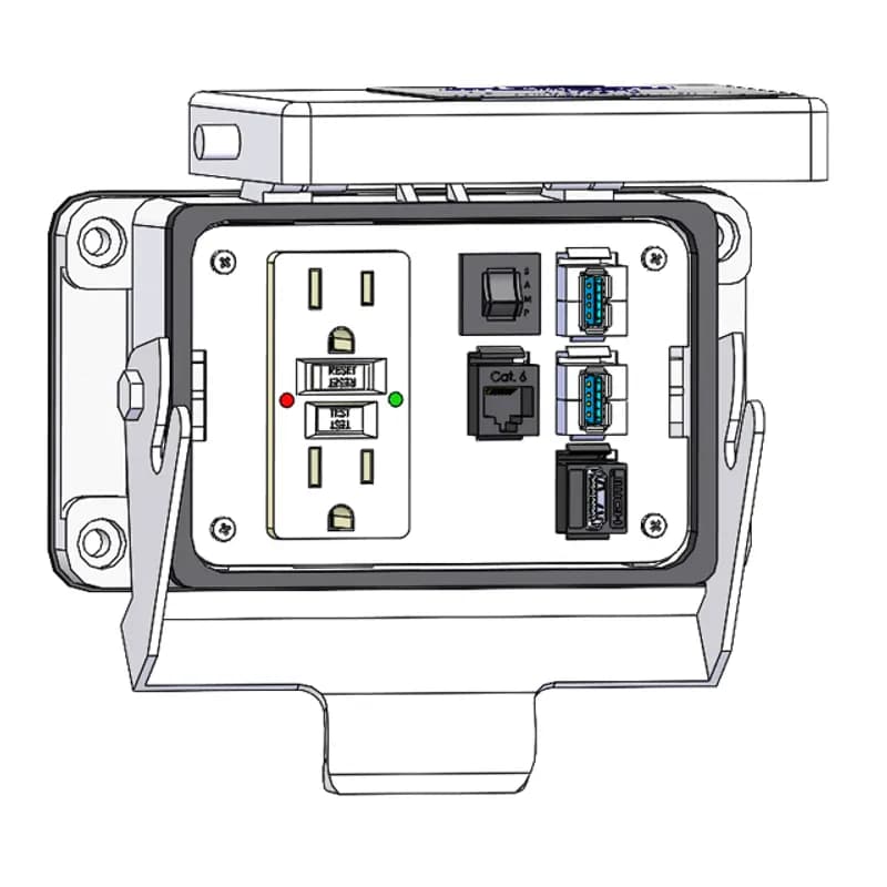 Mencom Corporation GF-HDMI-RJ45-2USB-AFAF-R-48 - Panel Interface Connector with GFCI Duplex outlet, HDMI, RJ45, (2) form A USB to form A USB, and a 3amp reset, in a 48 housing