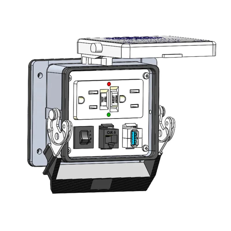 Panel Interface Connector with GFCI Duplex outlet, RJ45, USB-AFAF, and a 3 amp reset, in a 32 housing