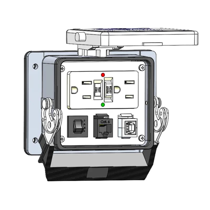 Mencom Corporation GF-RJ45-USB-BFAF-R-32 - Panel Interface Connector with GFCI Duplex outlet, RJ45, USB-BFAF, and a 3 amp reset, in a 32 housing