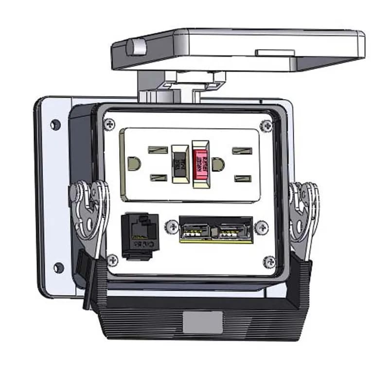 Panel Interface Connector with GFCI Duplex outlet, 2 x USB, RJ45, in a 32 housing