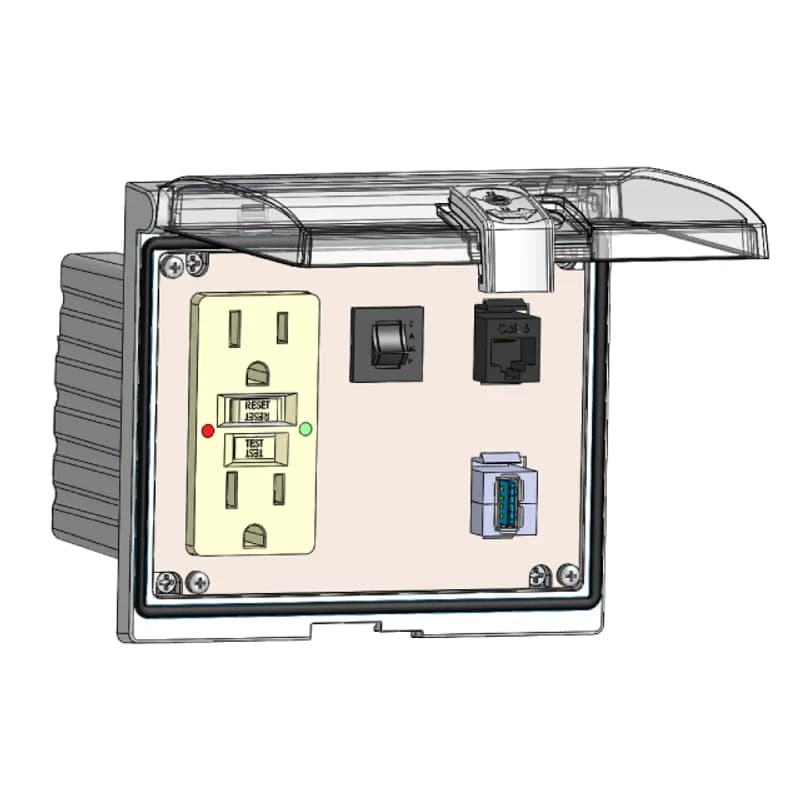 Low Profile Panel Interface Connector with GFCI outlet, RJ45, USB-AFAF, a 3amp reset in a Double Cover Housing
