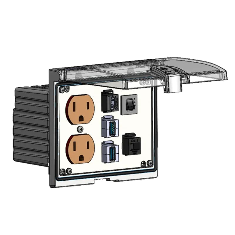 Mencom Corporation LP3-DP-HDMI-RJ45-2USB-AFAF-5R - Low Profile Panel Interface Connector with Duplex outlet, HDMI, RJ45, 2 x USB-AFAF, a 5amp reset in a Double Cover Housing