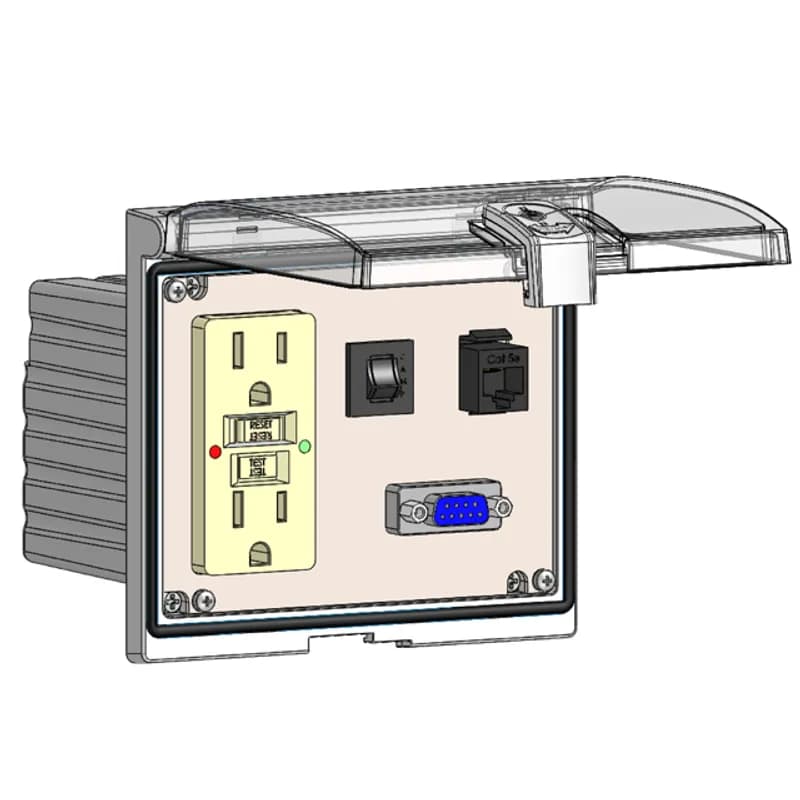 Low Profile Panel Interface Connector with GFCI outlet, DB9F, RJ45, a 3amp reset in a Double Cover Housing